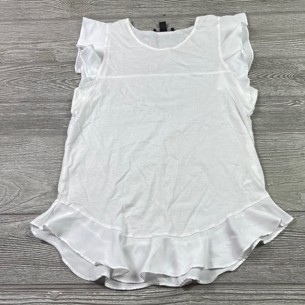 J. CREW Ruffled Blouse Women's size XXS White Cap Sleeve Curved Peplum Hem